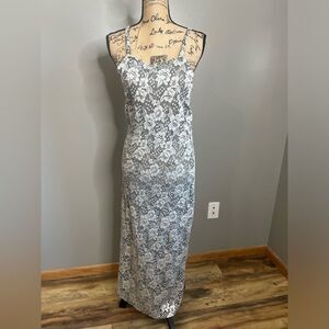 Vintage midi dress floral black silver semi sheer 90’s vixen coquette x goth